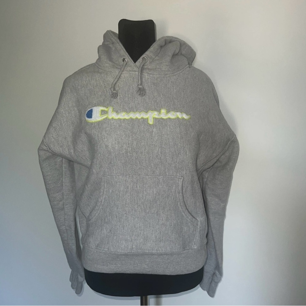 Champion Gray Hoodie with Blue and Yellow Embroidered Logo